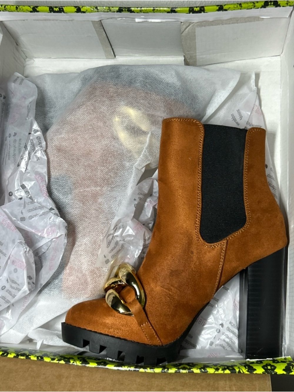New! - Cape Robbin Chestnut Suede Block Heel Chelsea Boot with Gold Chain